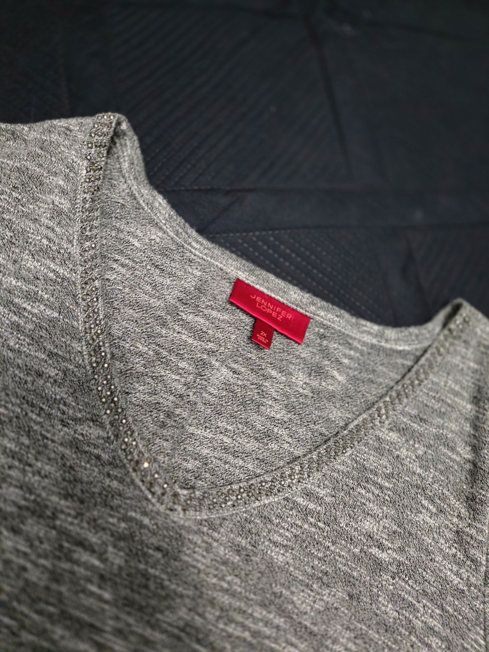 Jennifer Lopez Women's Gray V-Neck Sweater with Embellished Trim 2xl